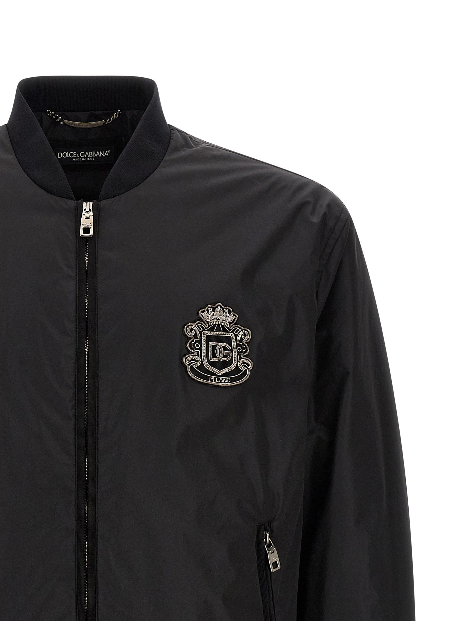 Veste bomber noire en polyamide de Dolce & Gabbana, style moderne avec détails élégants.