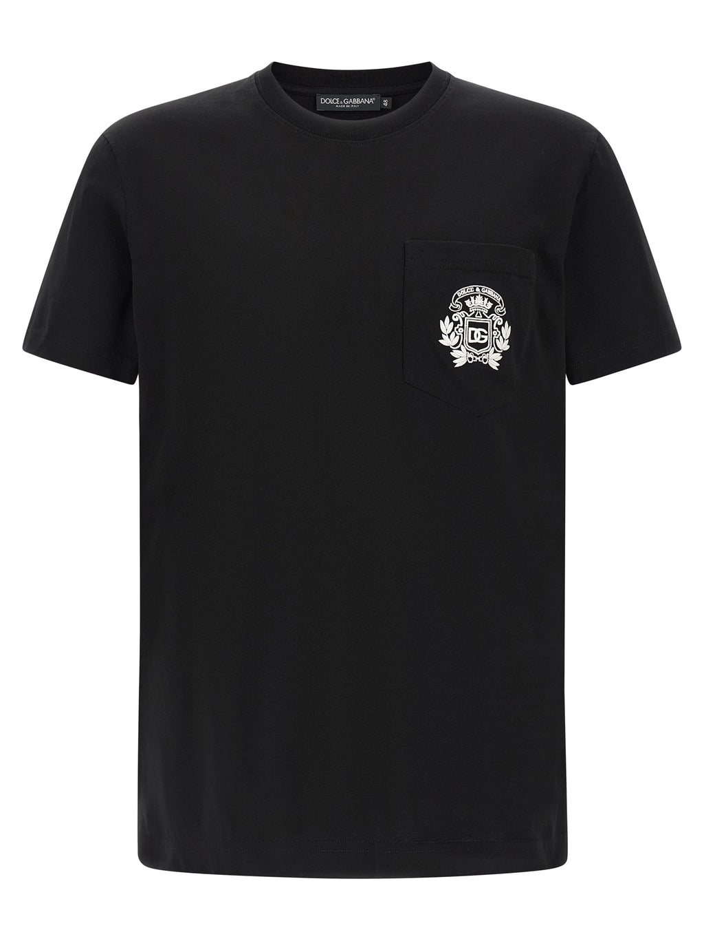 T-shirt en coton noir de la marque Dolce & Gabbana, coupe classique, visible sur un mannequin avec logo discret.