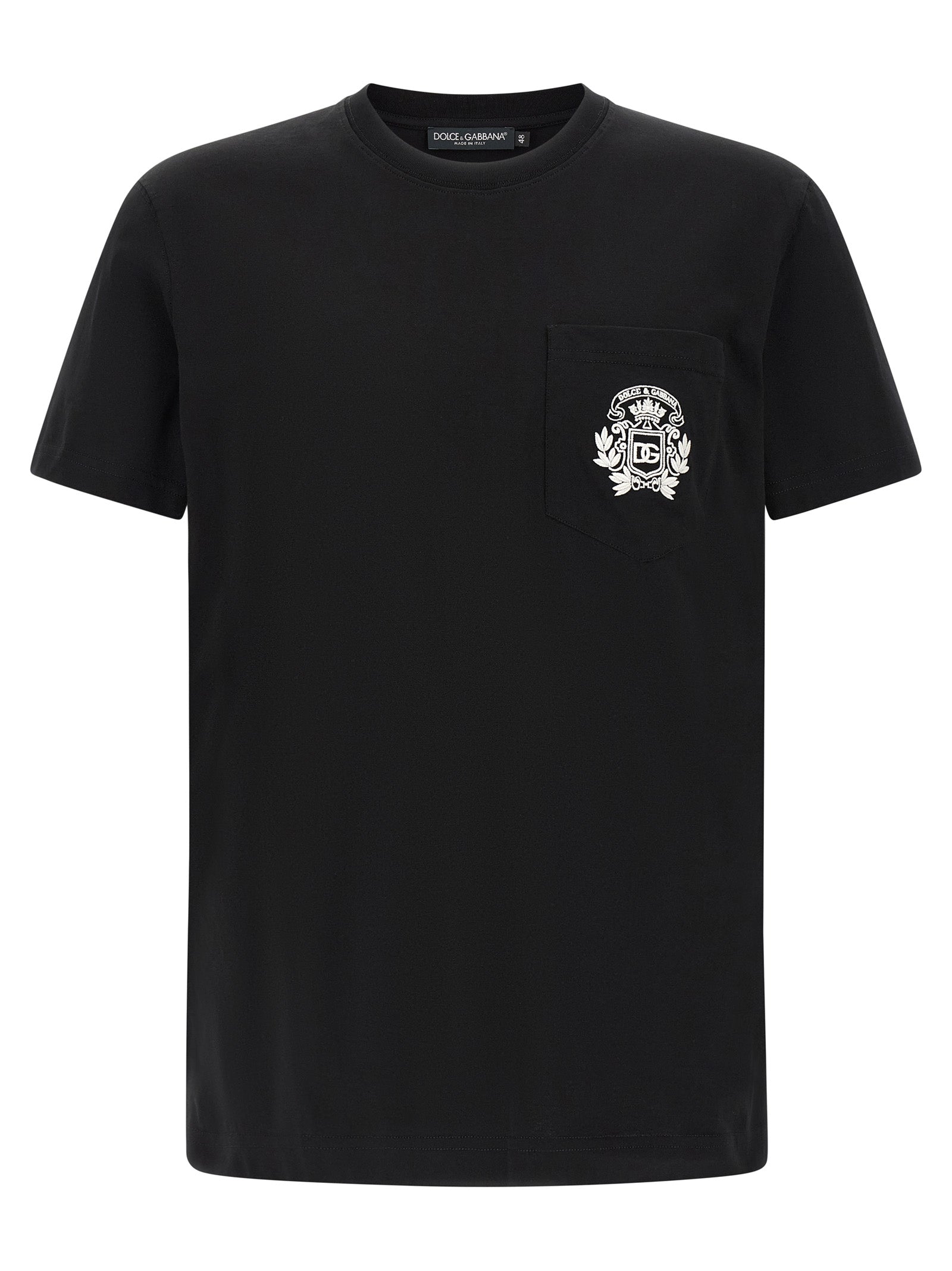 T-shirt en coton noir de la marque Dolce & Gabbana, coupe classique, visible sur un mannequin avec logo discret.