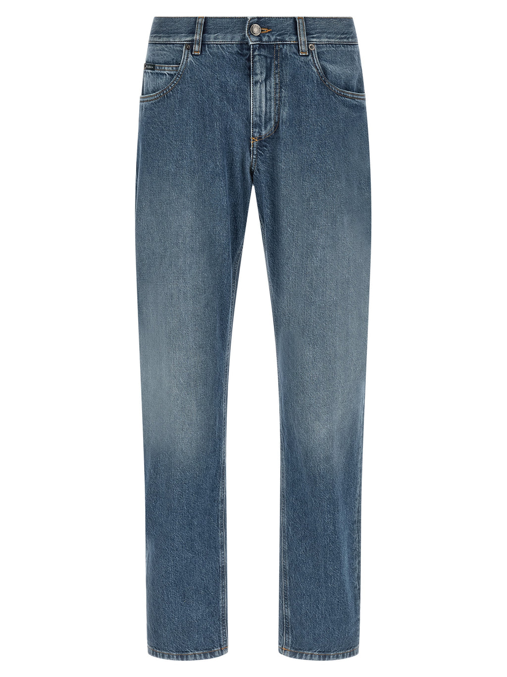 Jeans droits en coton bleu Dolce & Gabbana, style classique, visible sur un mannequin, détail de la coupe droite.
