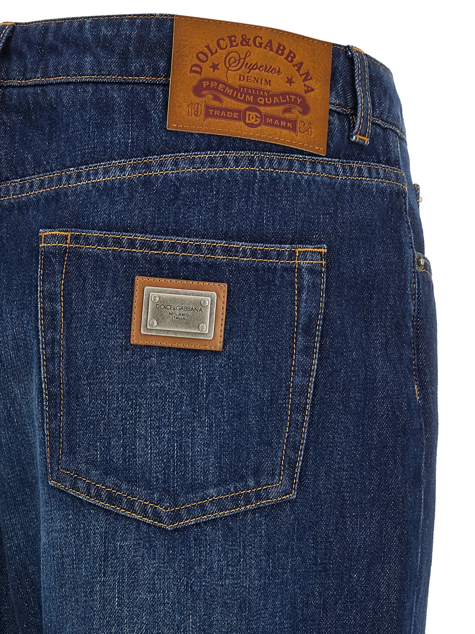 Jeans droits en coton bleu Dolce & Gabbana, style classique avec finition soignée, visible sur le produit.