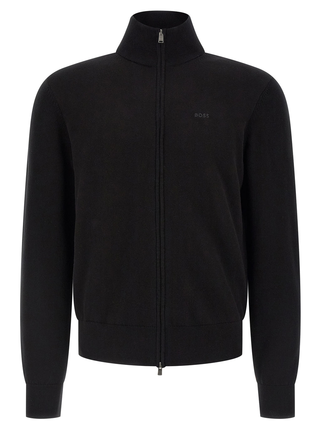 Cardigan en coton noir Hugo Boss, style élégant avec boutons, porté par un mannequin.