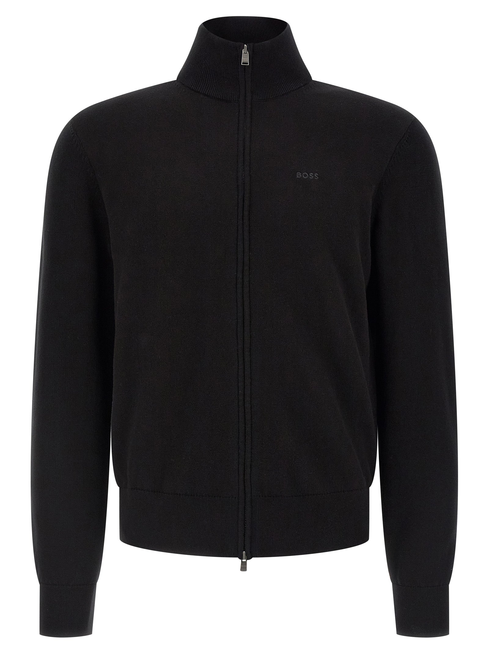 Cardigan en coton noir Hugo Boss, style élégant avec boutons, porté par un mannequin.