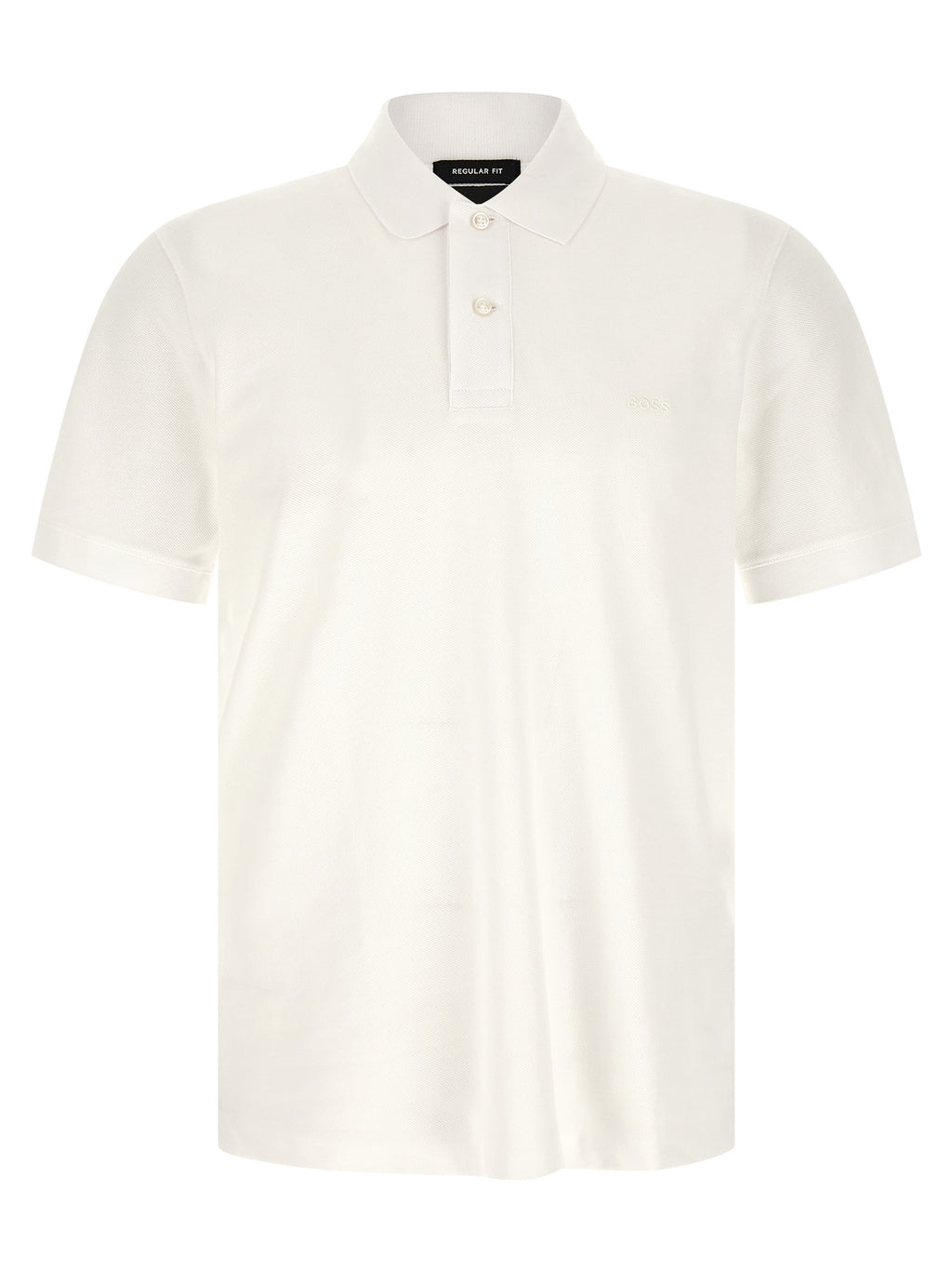 Chemise polo blanche en coton de la marque Hugo Boss, avec col et boutons, vue de face.