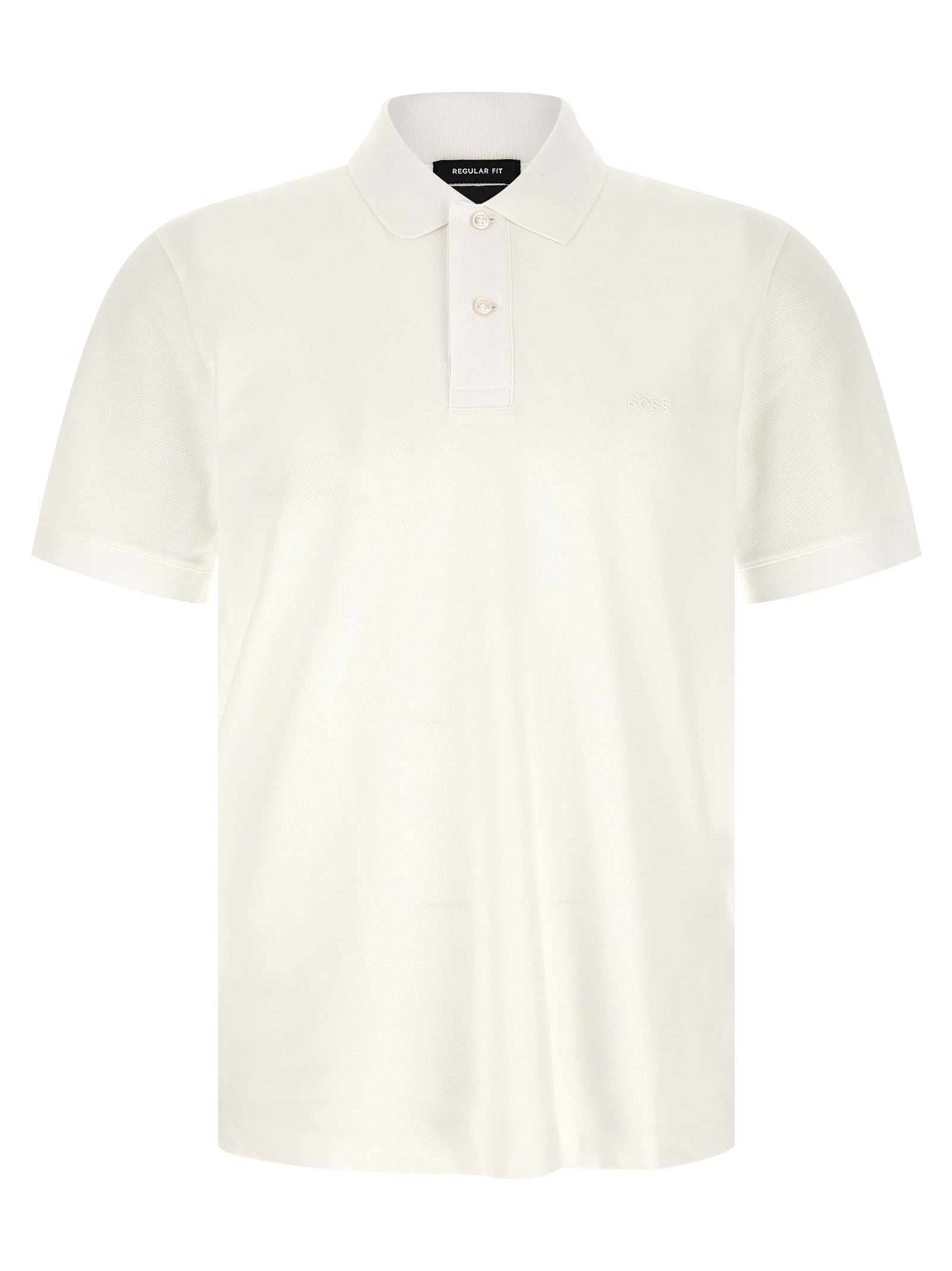Chemise polo blanche en coton de la marque Hugo Boss, avec col et boutons, vue de face.