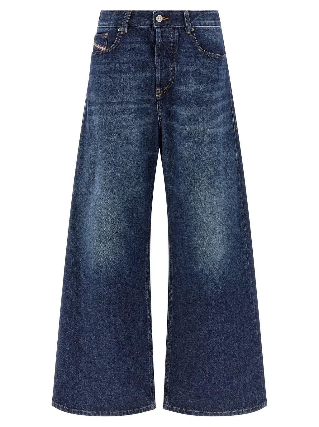 Jeans en denim bleu Diesel en coton, coupe classique, visible avec détails de couture et poche à l'avant.