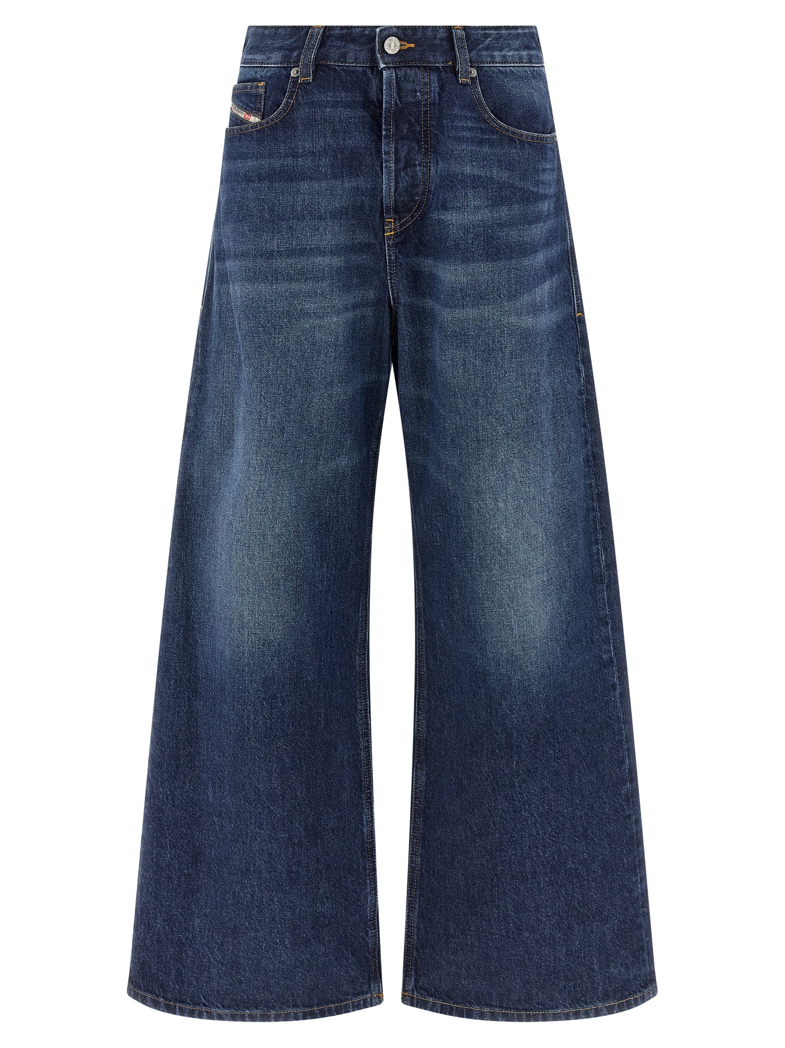 Jeans en denim bleu Diesel en coton, coupe classique, visible avec détails de couture et poche à l'avant.