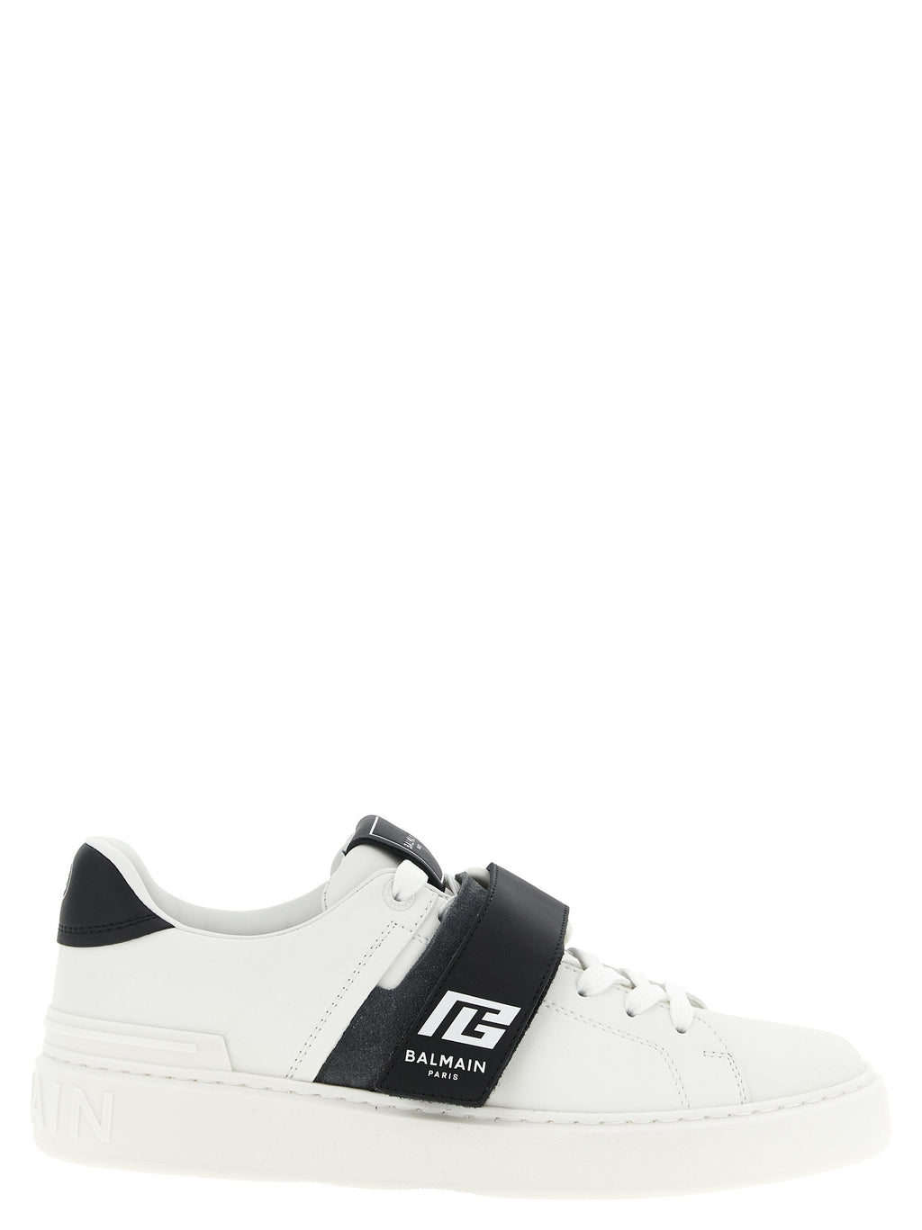 Sneakers basses Bicolor en cuir de veau Balmain, design élégant avec détails modernes et semelle blanche.