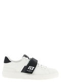 Sneakers basses Bicolor en cuir de veau Balmain, design élégant avec détails modernes et semelle blanche.