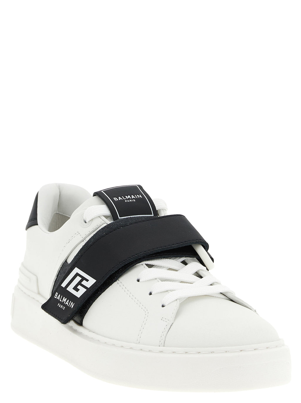 Baskets basses Balmain Bicolor en cuir de veau, style moderne avec design bicolore, vues de face sur fond neutre.