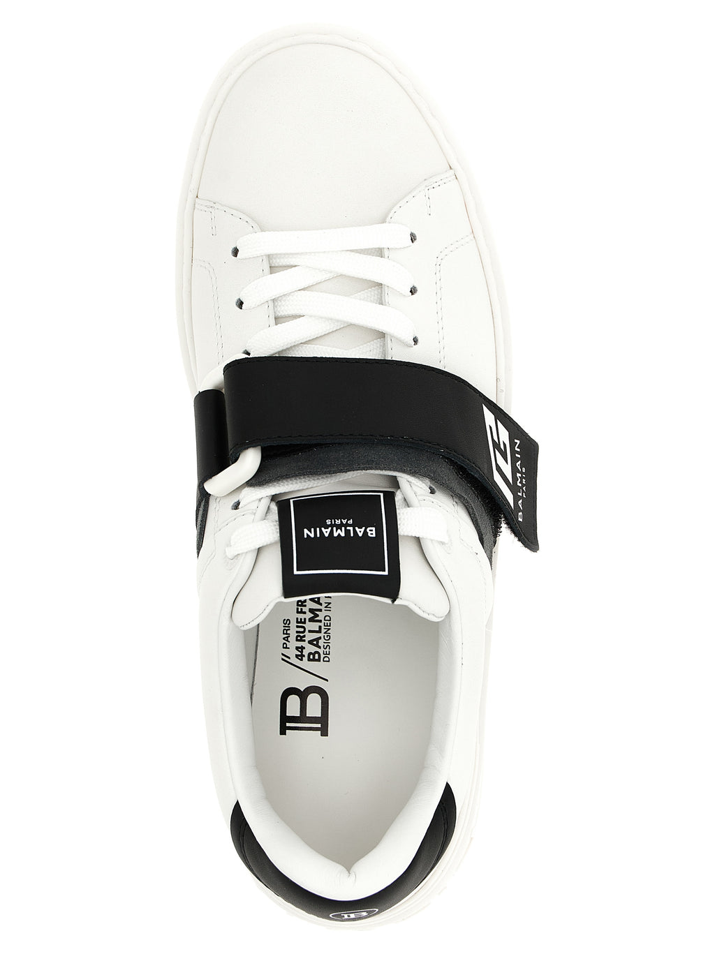 Chaussures sneakers basses Balmain Bicolor en cuir de veau, style moderne et élégant, visibles avec détails colorés.