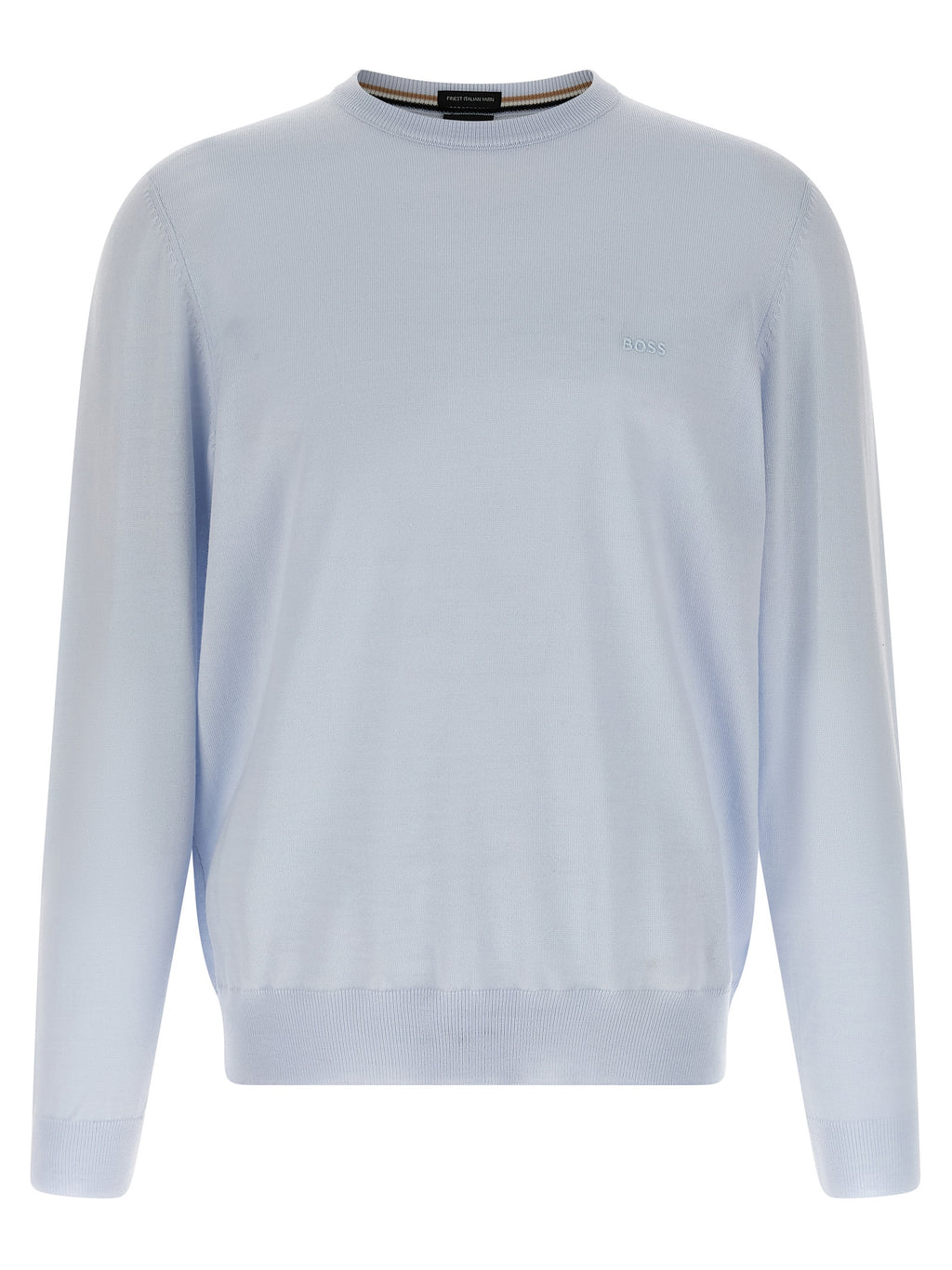 Cardigan en laine vierge bleue Hugo Boss porté par un mannequin, détail du col et des boutons, style élégant et sophistiqué.