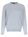 Cardigan en laine vierge bleue Hugo Boss porté par un mannequin, détail du col et des boutons, style élégant et sophistiqué.