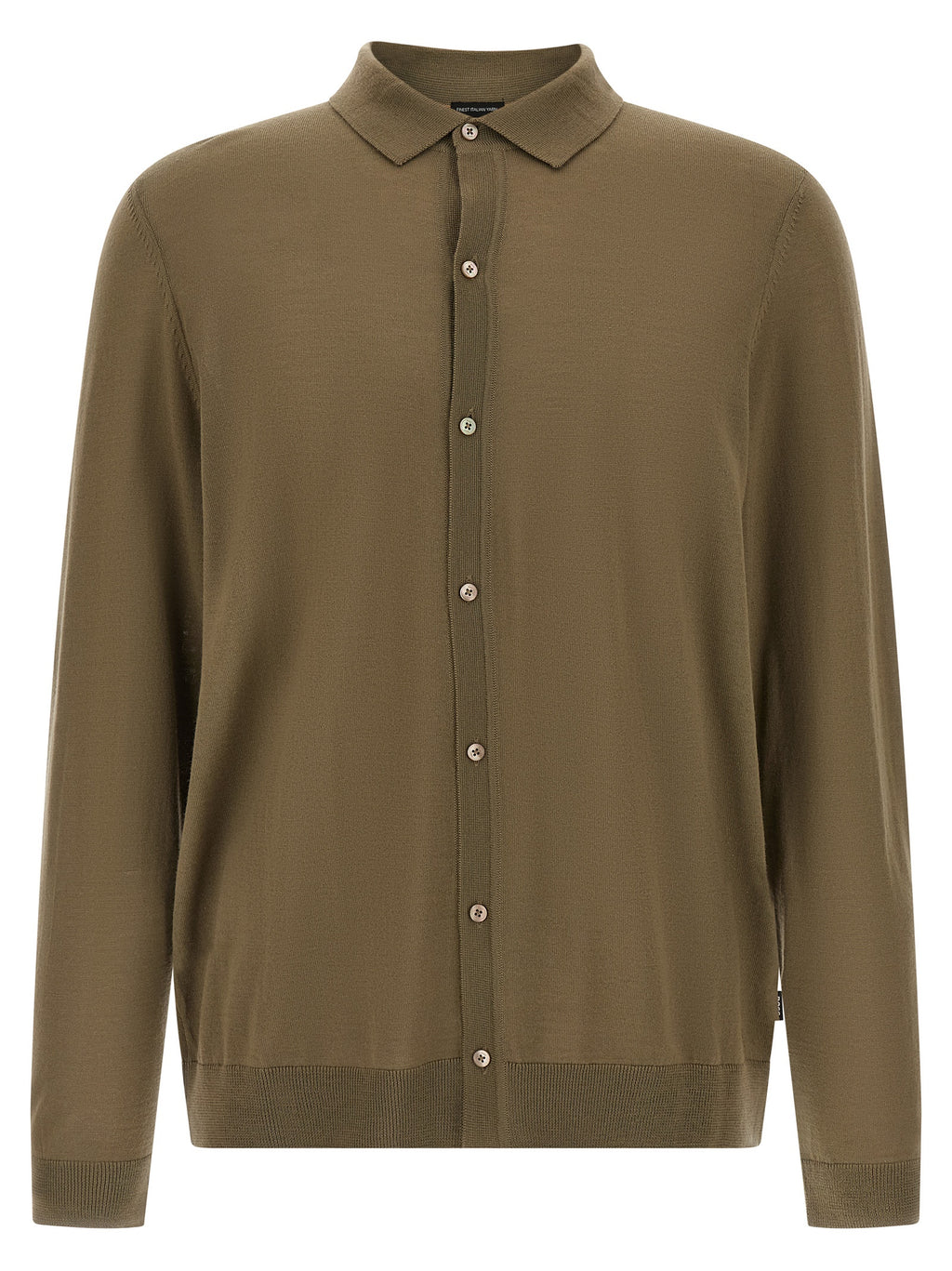Chemise polo bicolore en laine vierge de Hugo Boss, vue de face, avec col et boutons visibles.