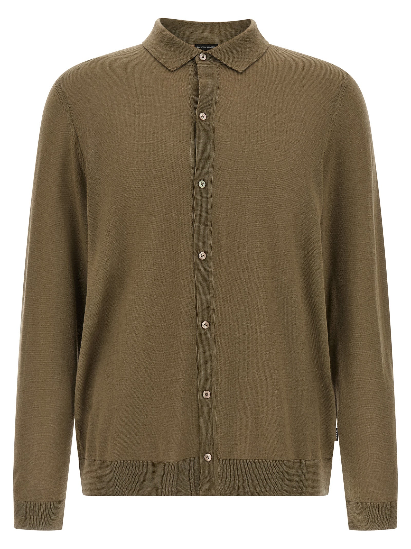 Chemise polo bicolore en laine vierge de Hugo Boss, vue de face, avec col et boutons visibles.