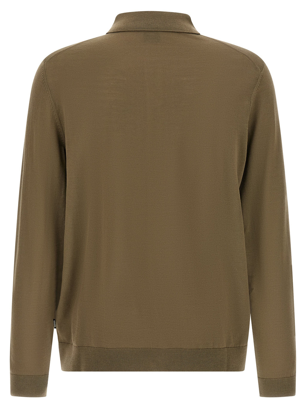 Chemise polo bicolore en laine vierge de Hugo Boss, vue de face, avec col et boutons visibles.