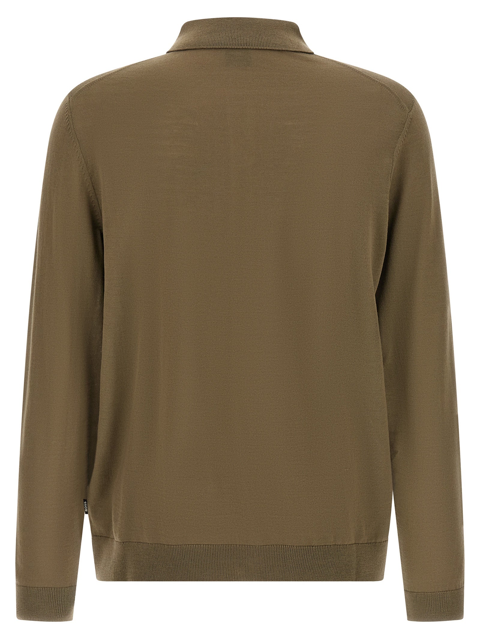 Chemise polo bicolore en laine vierge de Hugo Boss, vue de face, avec col et boutons visibles.