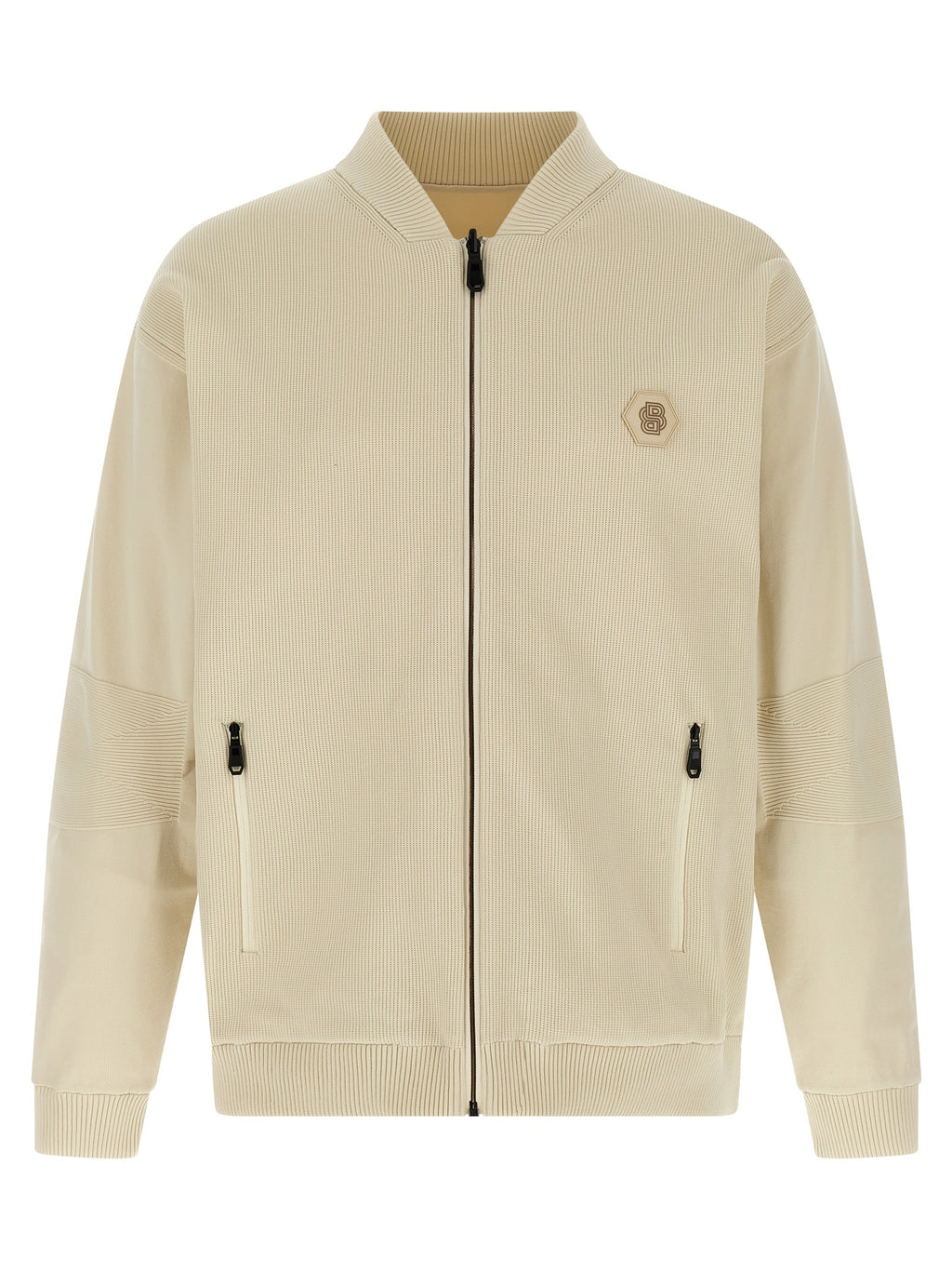 Veste bomber beige en polyamide de Hugo Boss, vue de face avec fermeture éclair et col côtelé.
