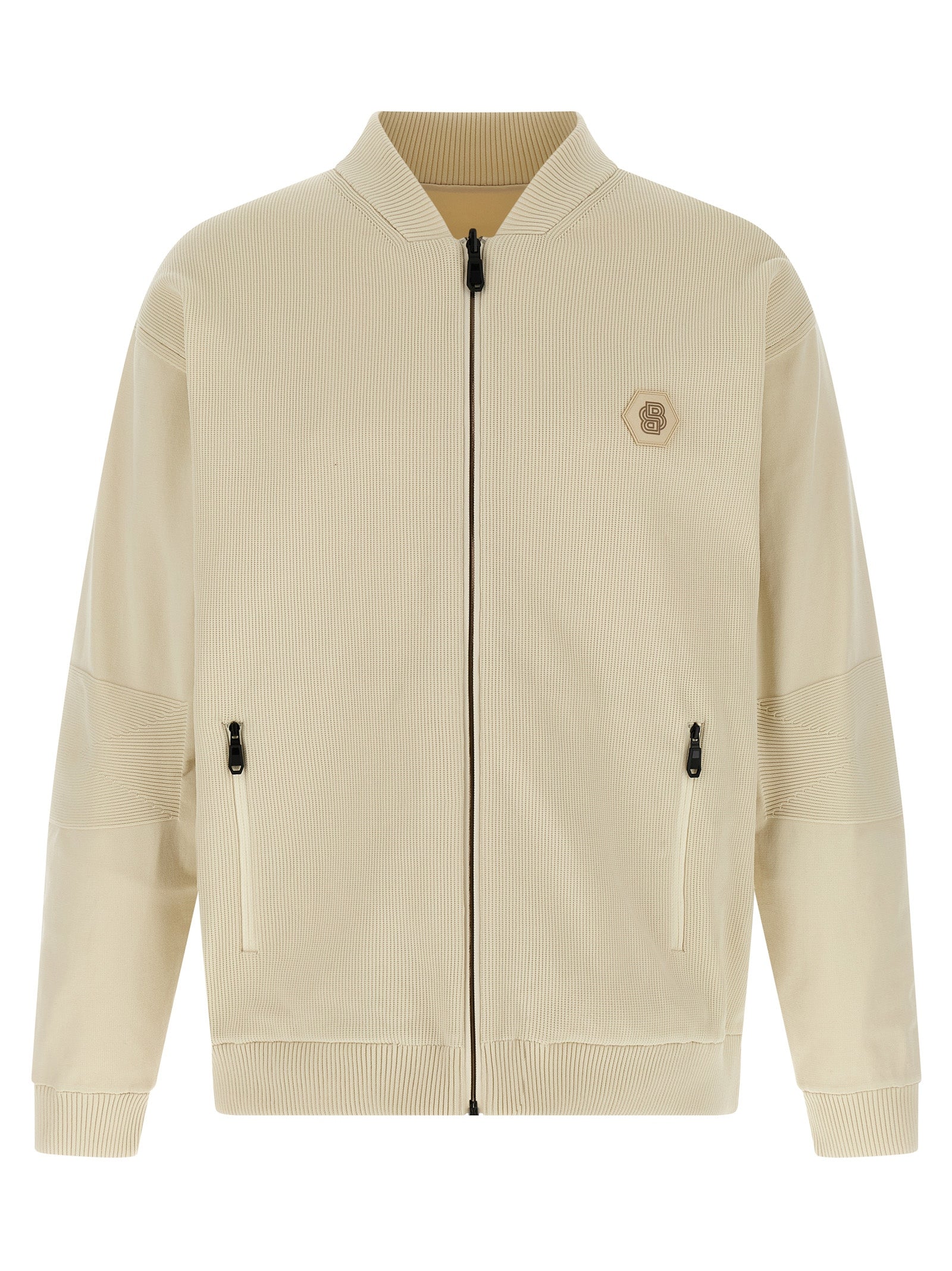 Veste bomber beige en polyamide de Hugo Boss, vue de face avec fermeture éclair et col côtelé.