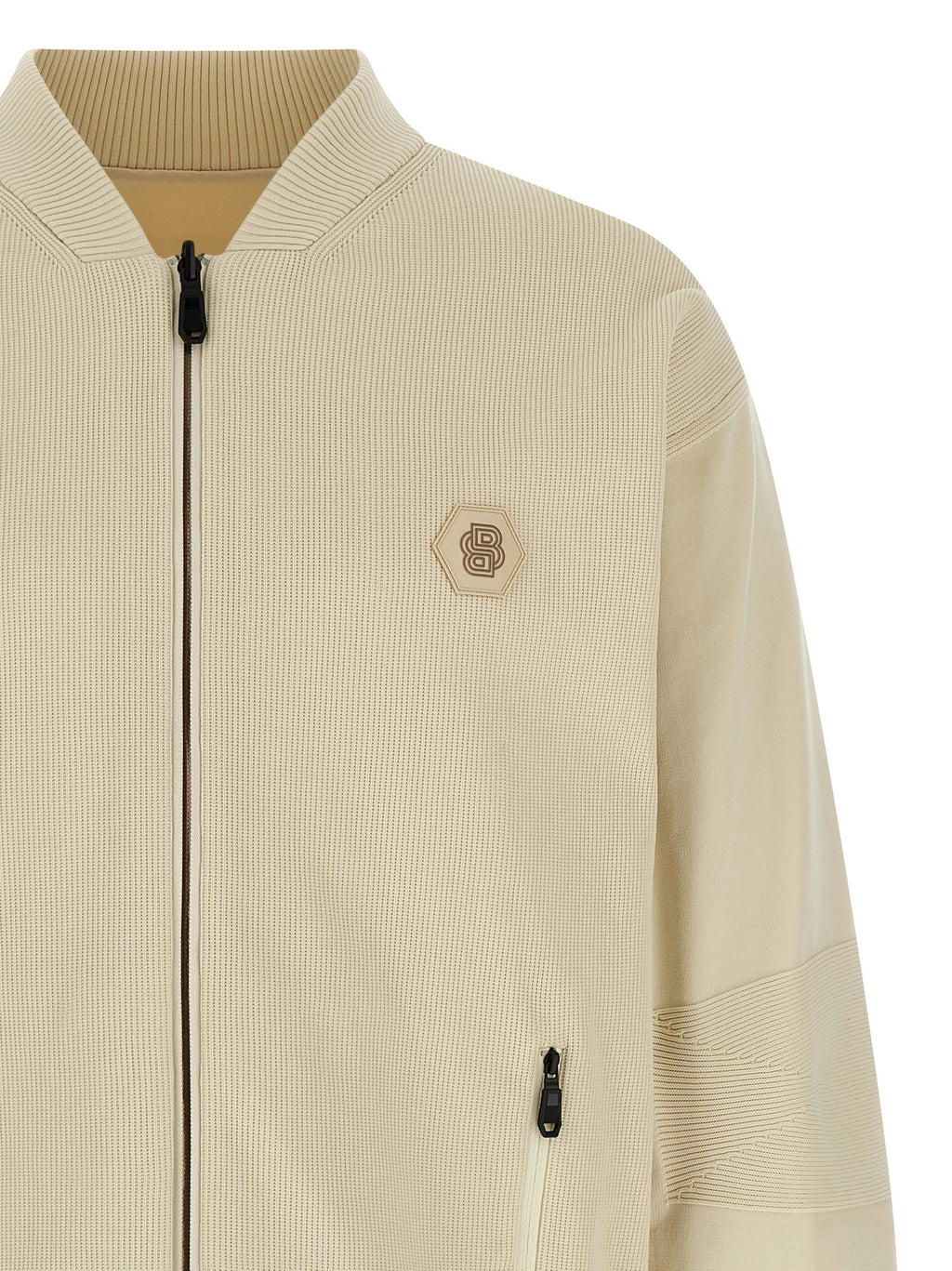 Veste bomber beige en polyamide de la marque Hugo Boss, vue de face avec détails de la fermeture éclair et des poches.