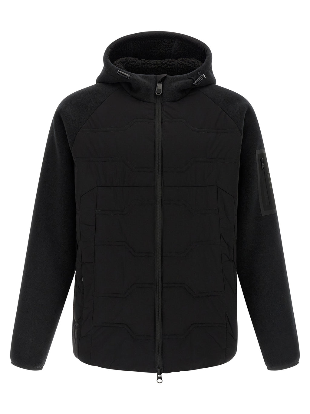 Veste noire en polyester de la marque Hugo Boss, coupe classique, visible avec fermeture éclair et col ras du cou.