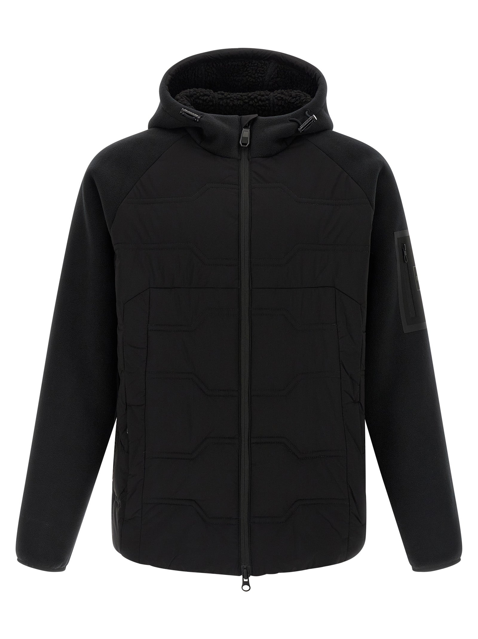 Veste noire en polyester de la marque Hugo Boss, coupe classique, visible avec fermeture éclair et col ras du cou.