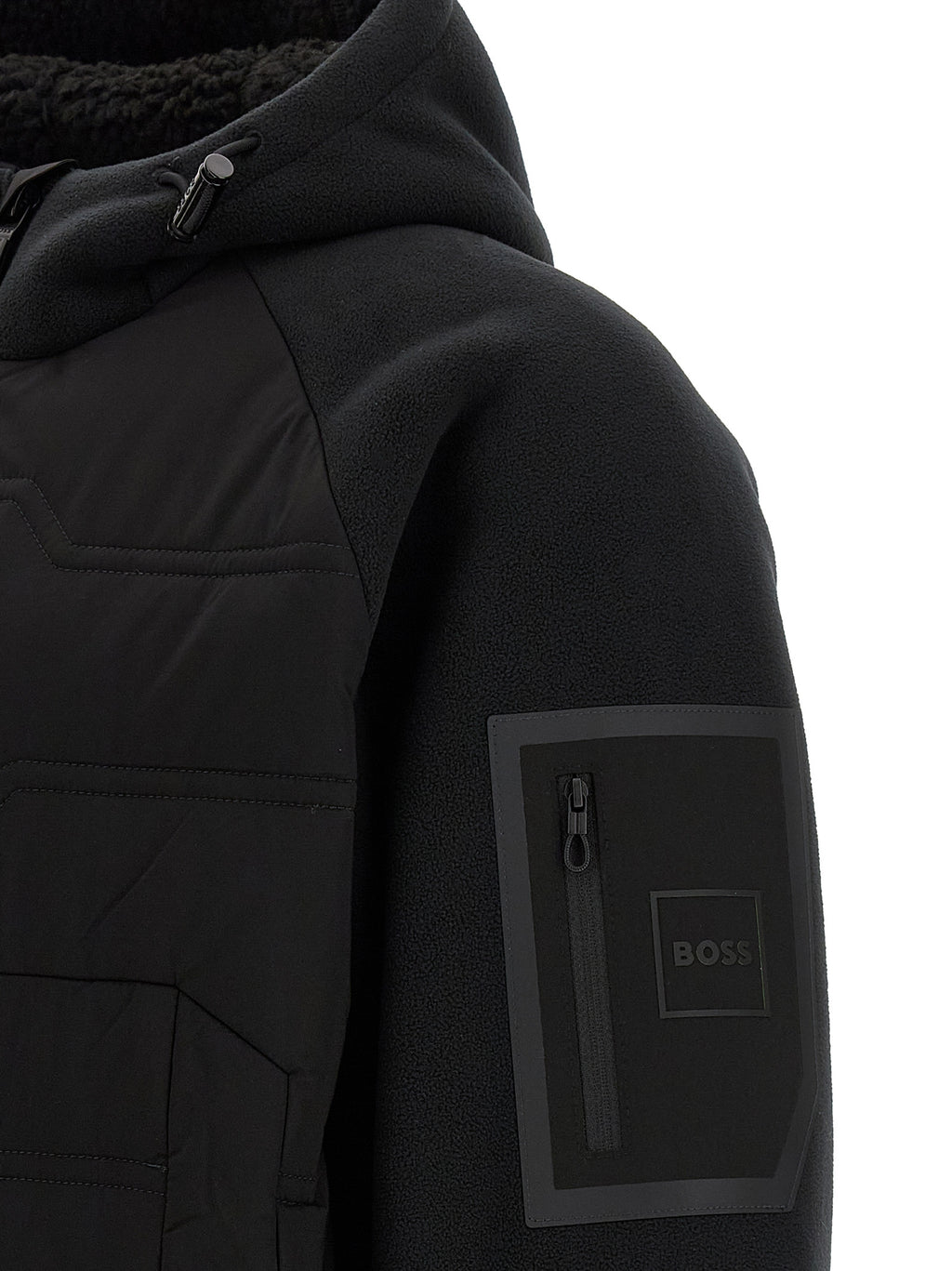 Veste en polyester noire Hugo Boss, coque extérieure résistante, avec capuche et fermeture zippée, adaptée pour la pluie et le vent.