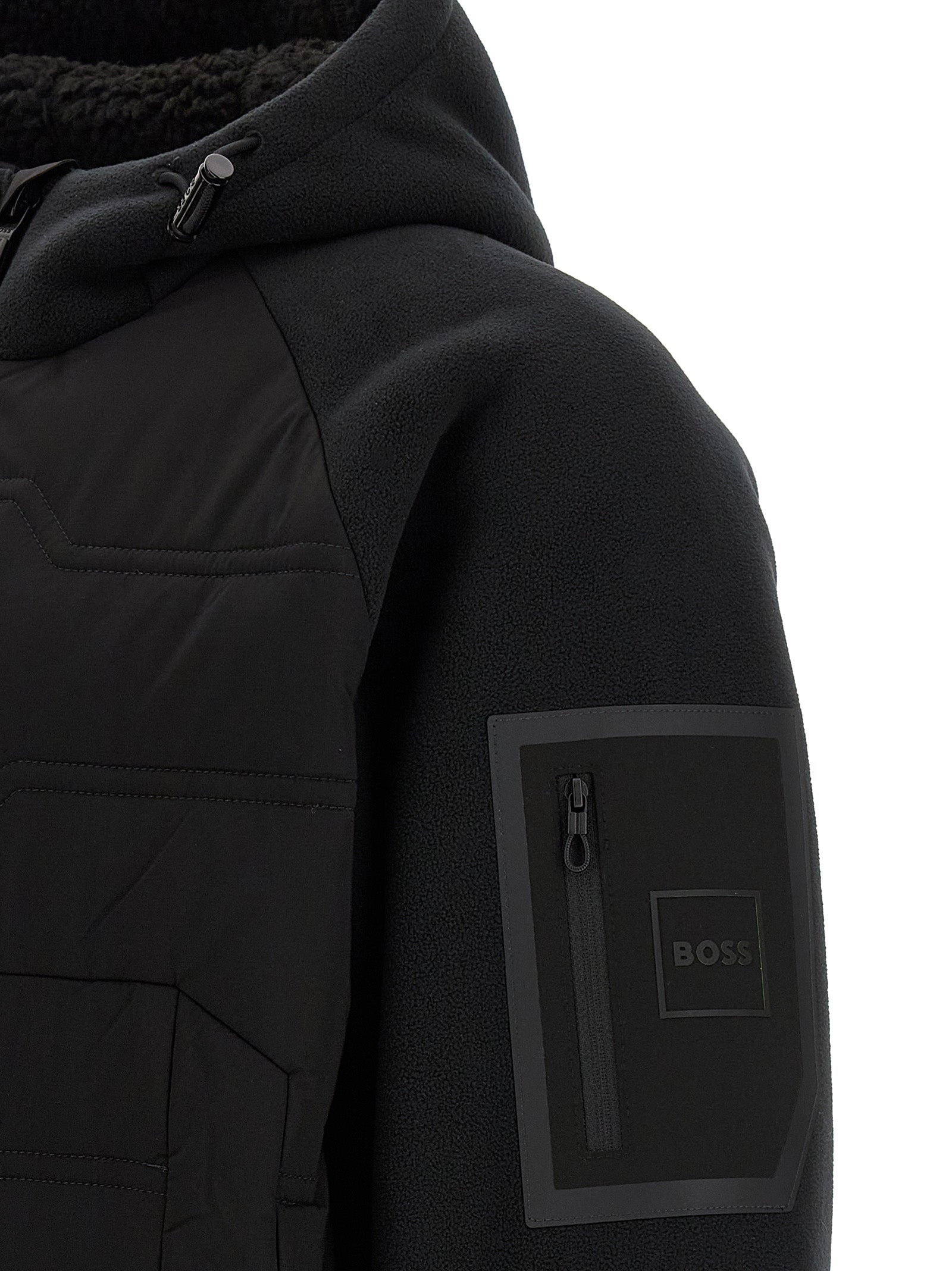 Veste en polyester noire Hugo Boss, coque extérieure résistante, avec capuche et fermeture zippée, adaptée pour la pluie et le vent.