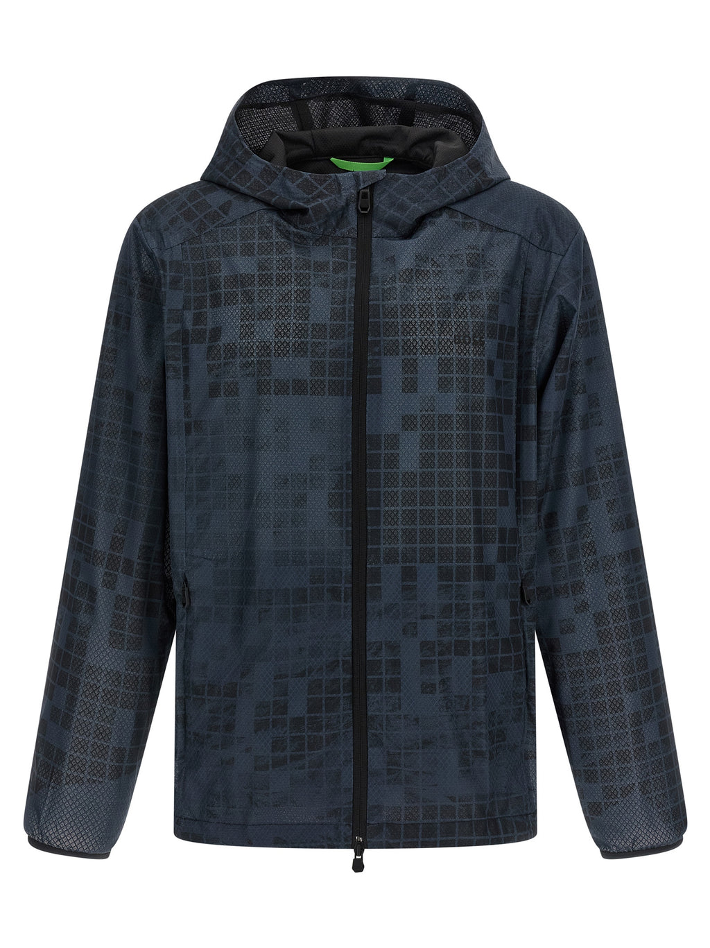 Veste en caoutchouc bleue Hugo Boss, coque légère imperméable avec capuche et fermeture éclair.