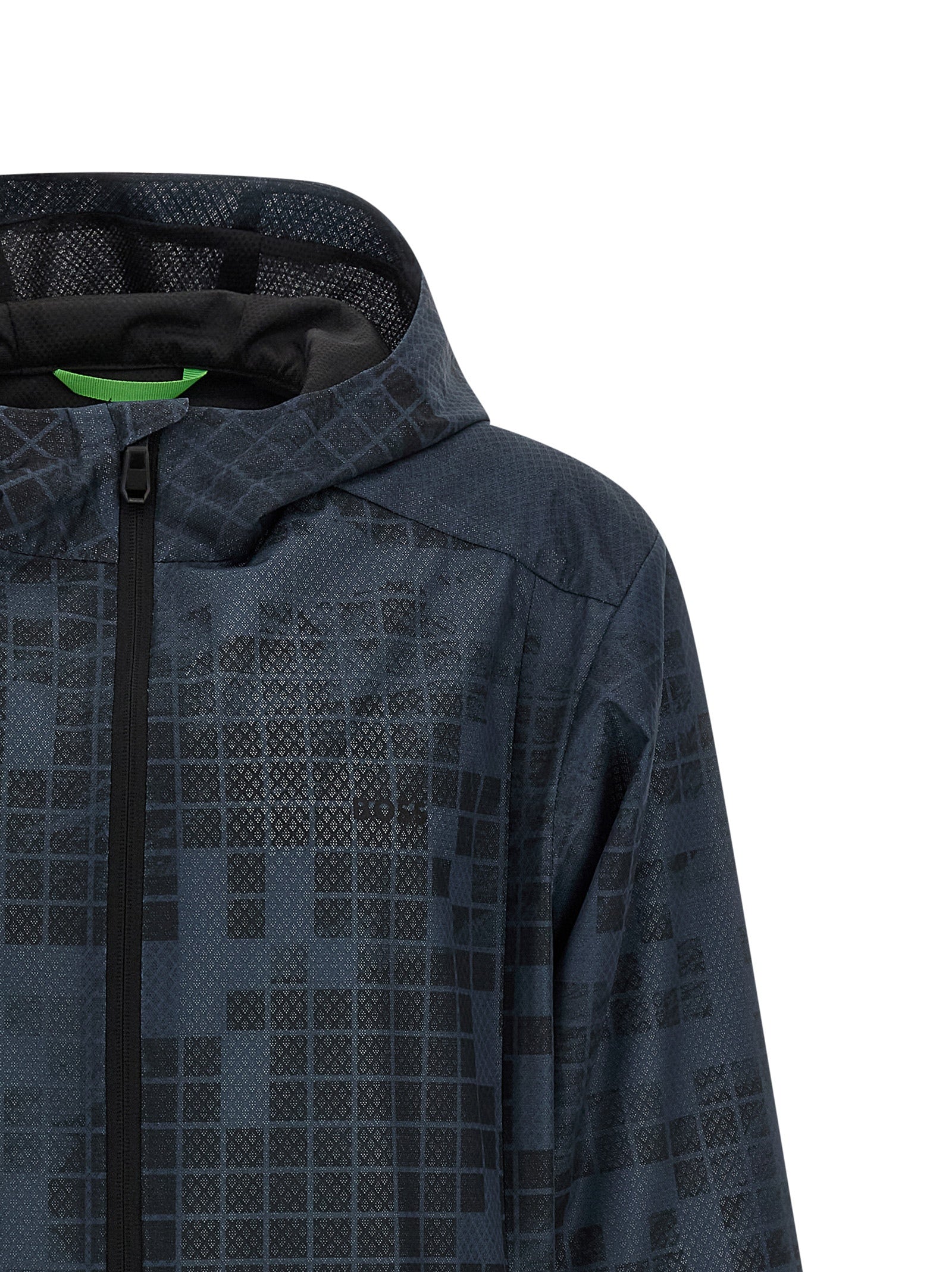 Veste en caoutchouc bleue Hugo Boss, shell jacket imperméable avec capuche et fermeture éclair, résistant aux intempéries.