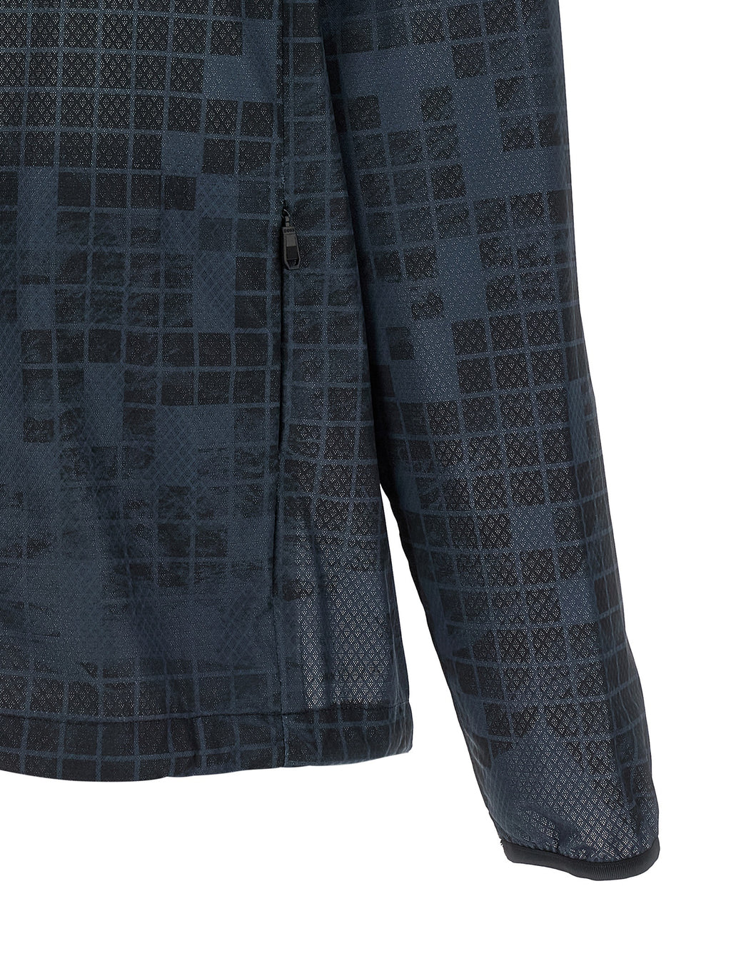 Veste en caoutchouc bleu Hugo Boss, manteau imperméable et coupe-vent avec capuche, vue de face.
