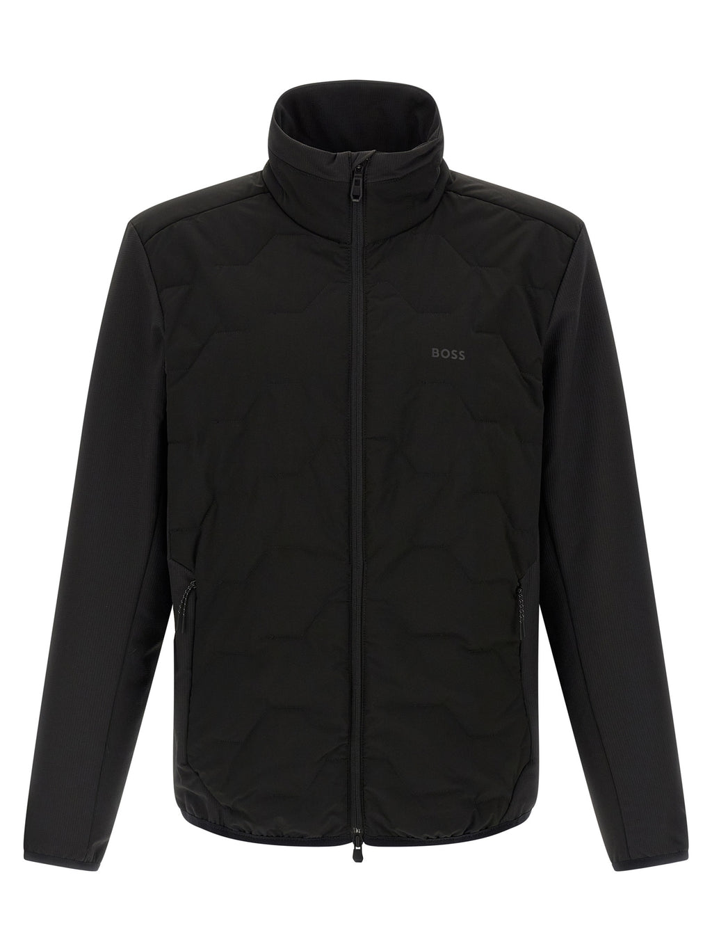 Veste shell en polyamide noire de Hugo Boss, coupe moderne, avec fermeture éclair et col montant visible sur l'image.