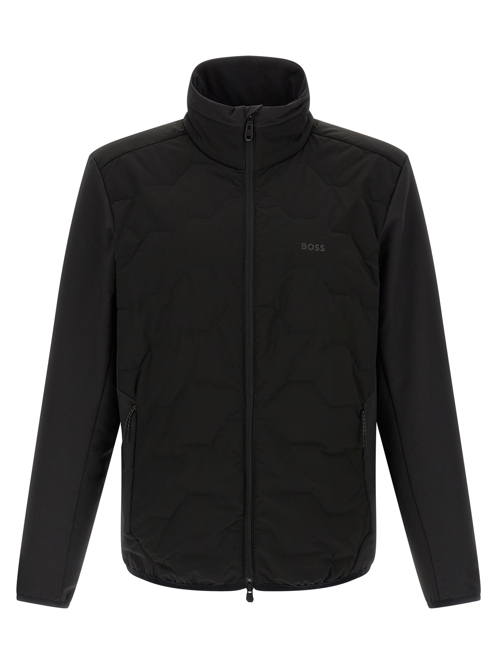 Veste shell en polyamide noire de Hugo Boss, coupe moderne, avec fermeture éclair et col montant visible sur l'image.