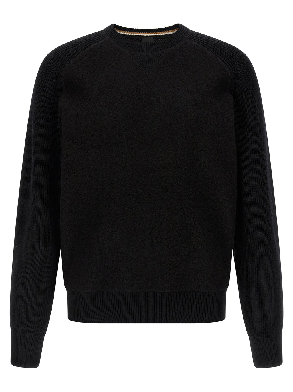 Cardigan noir en laine vierge de Hugo Boss, coupe classique, porté sur un mannequin, détail des boutons et texture douce.