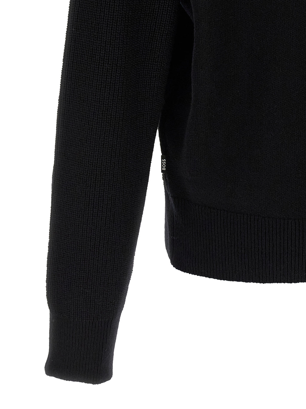 Gilet en laine vierge noire de Hugo Boss, cardigan élégant avec boutons, porté sur un mannequin.