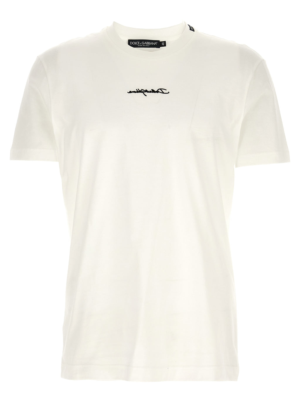 T-shirt blanc en coton Dolce & Gabbana, vue de face, avec logo discret en avant. Vêtement décontracté et élégant.