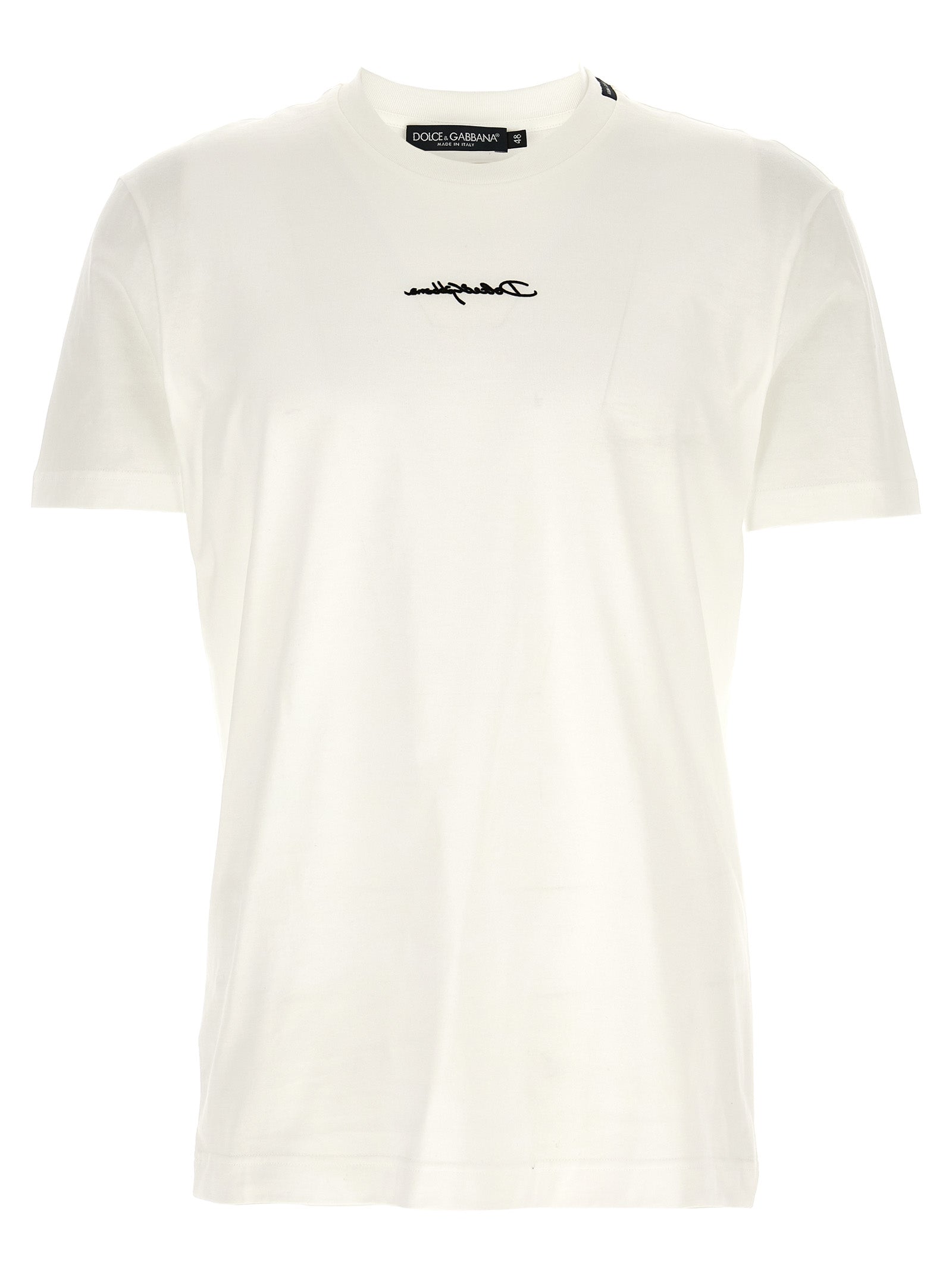 T-shirt blanc en coton Dolce & Gabbana, vue de face, avec logo discret en avant. Vêtement décontracté et élégant.