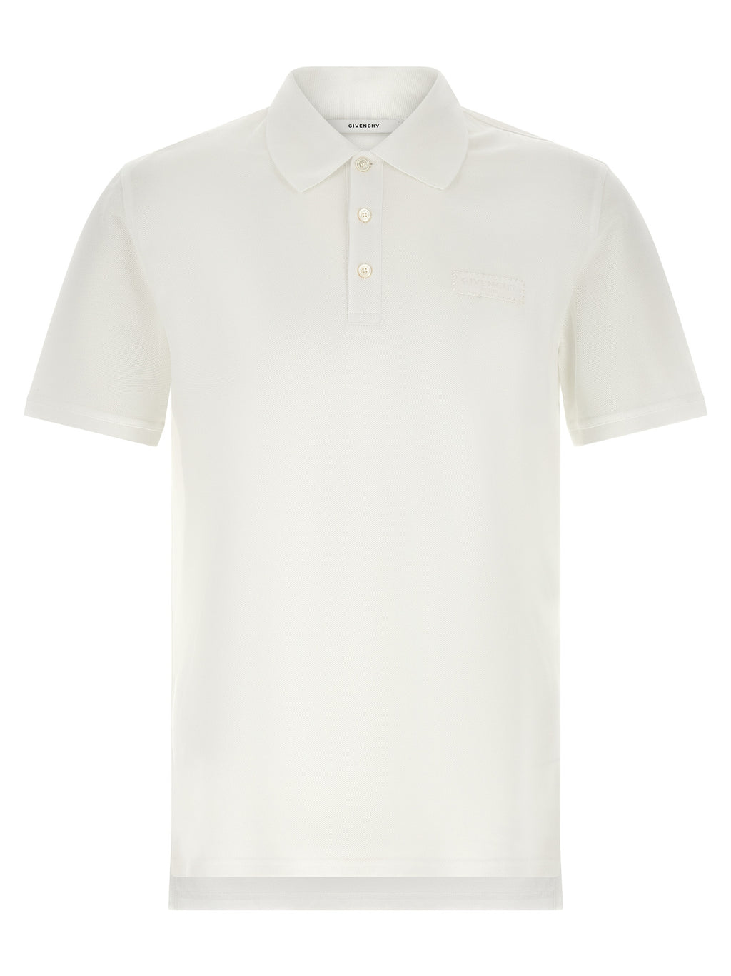 Chemise polo Givenchy blanche en coton avec col et boutons visibles, élégante et classique, sur un fond neutre.