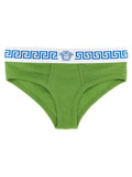 Culottes en coton bicolores de la marque Versace, avec logo distinctif, tissu doux et style élégant.