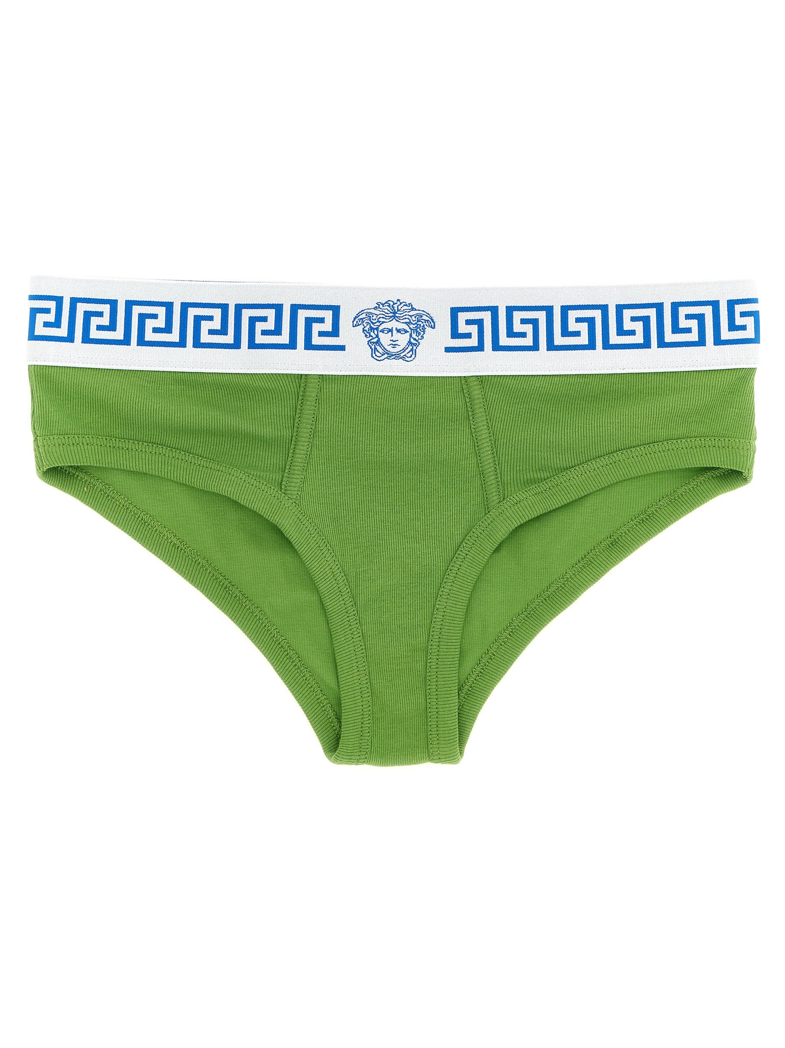 Culottes en coton bicolores de la marque Versace, avec logo distinctif, tissu doux et style élégant.