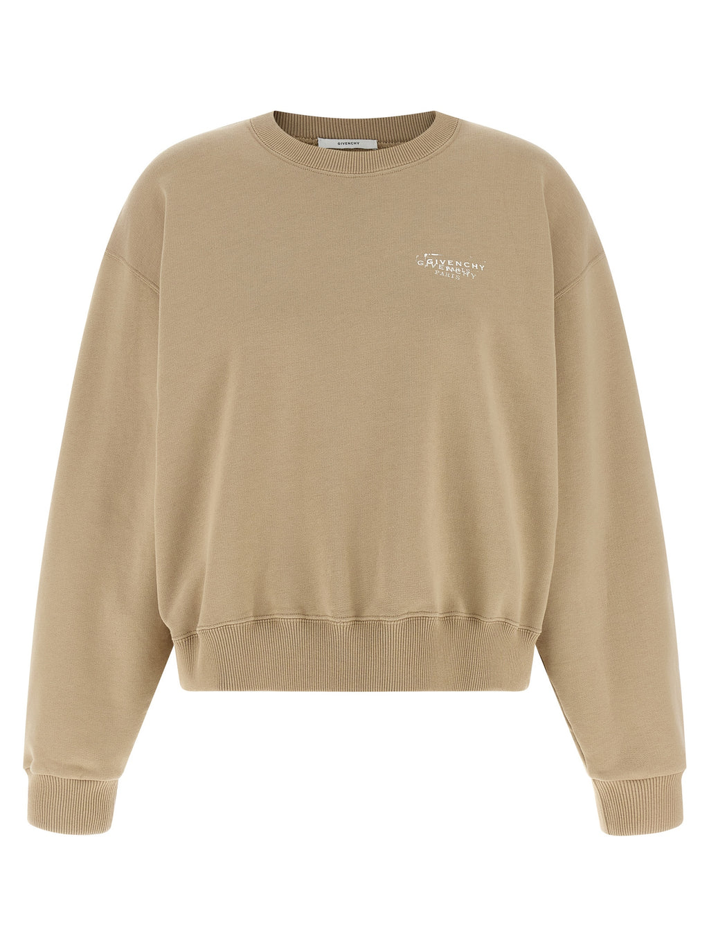 Sweat-shirt beige en coton de la marque Givenchy, visible avec logo discret sur la poitrine et coupe décontractée.