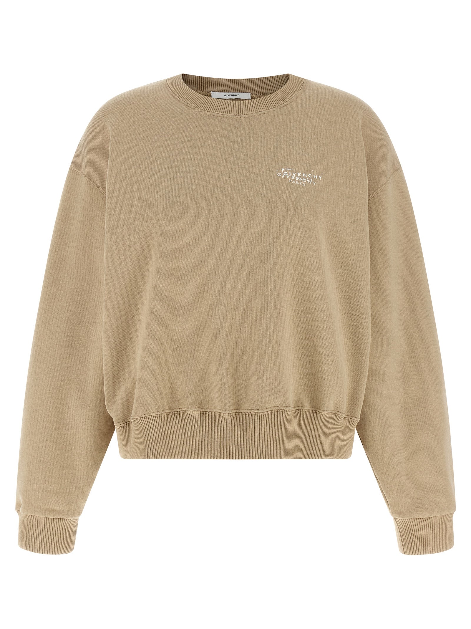 Sweat-shirt beige en coton de la marque Givenchy, visible avec logo discret sur la poitrine et coupe décontractée.