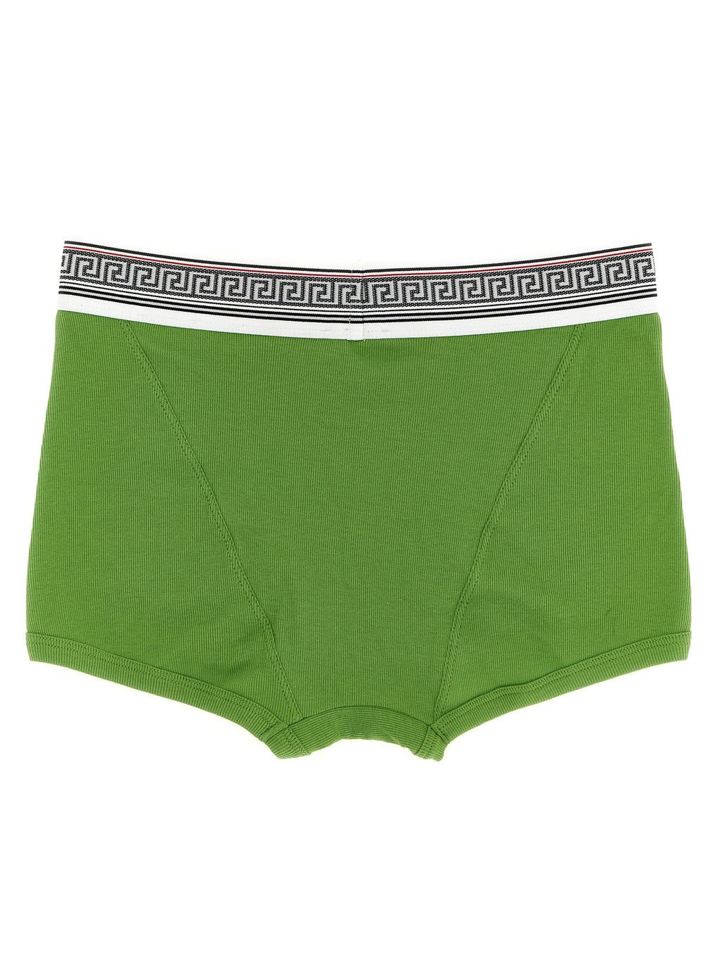 Culotte bicolore en coton de la marque Versace, avec logo distinctif, visible en détail dans l'image.