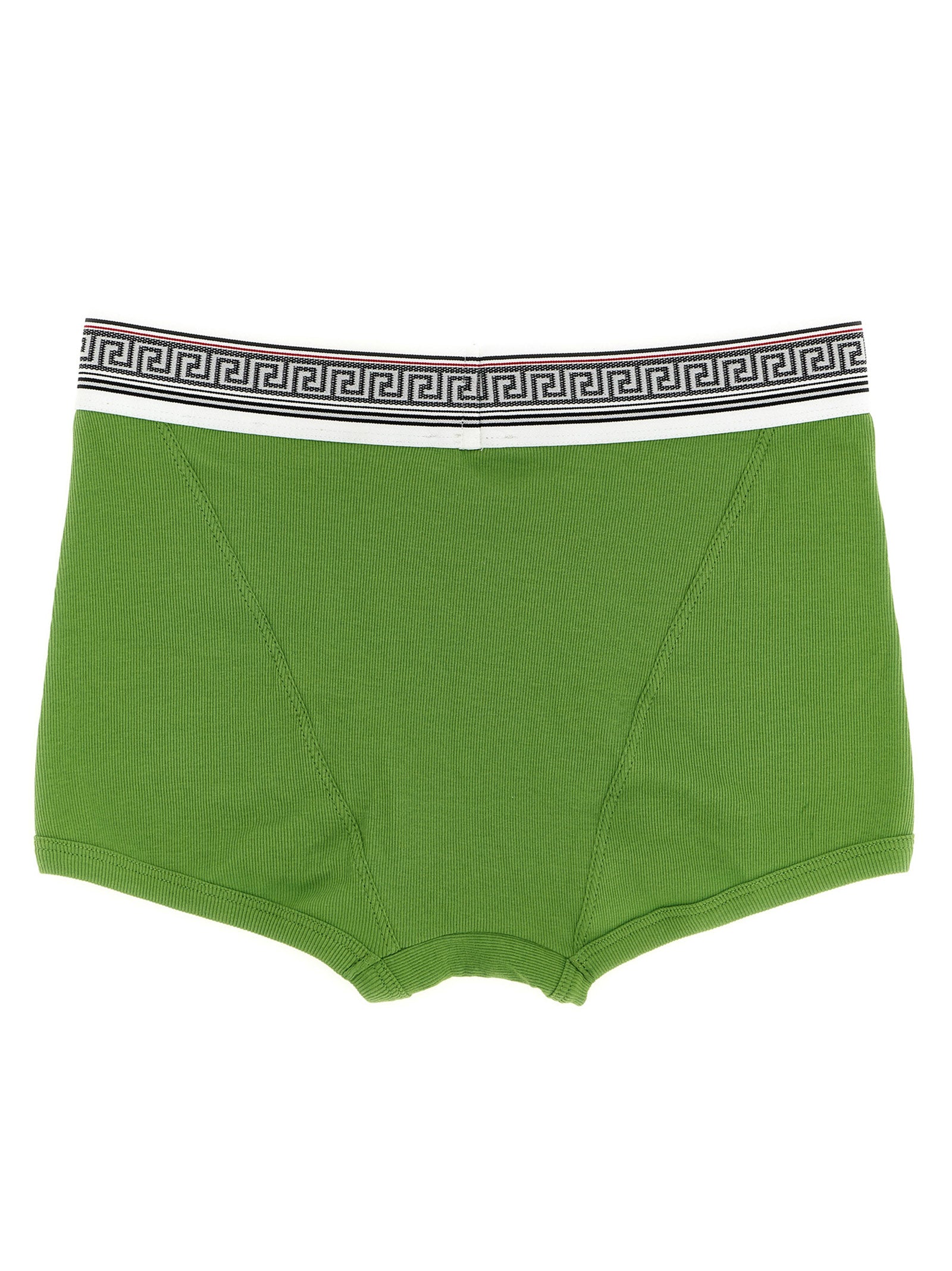 Culotte bicolore en coton de la marque Versace, avec logo distinctif, visible en détail dans l'image.