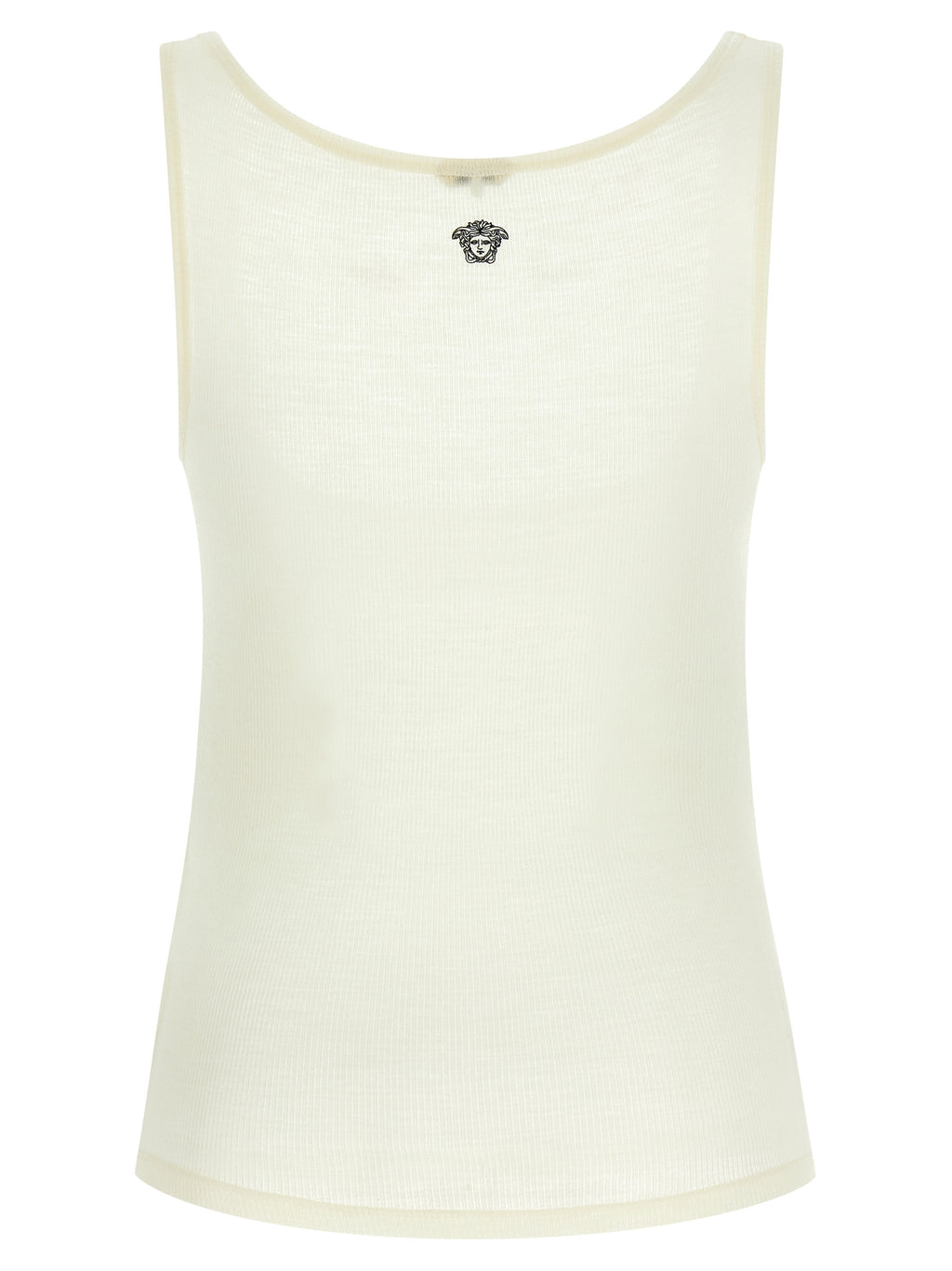 T-shirt sans manches blanc en laine vierge de marque Versace, illustration du design élégant sur le devant.