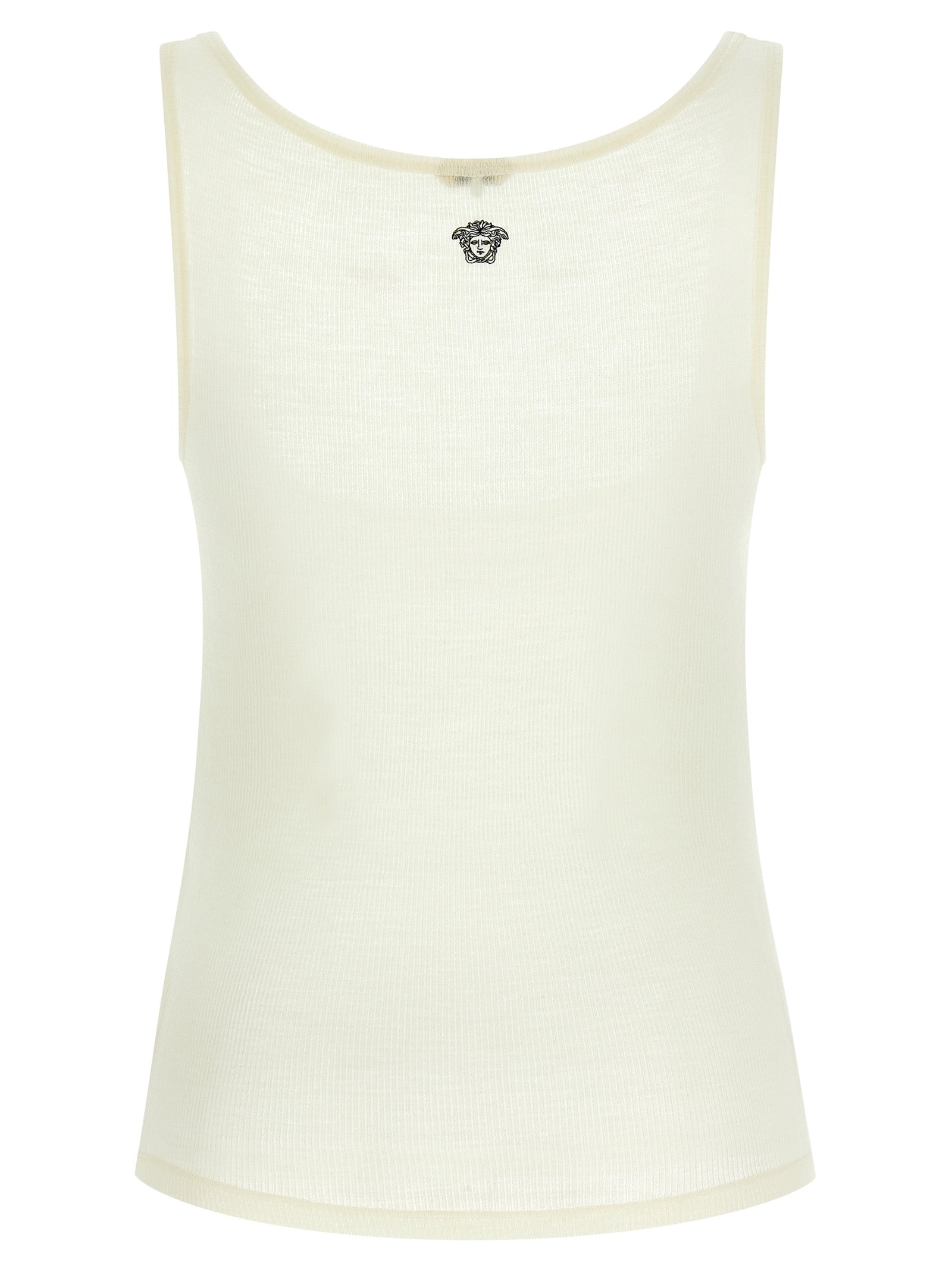 T-shirt sans manches blanc en laine vierge de marque Versace, illustration du design élégant sur le devant.