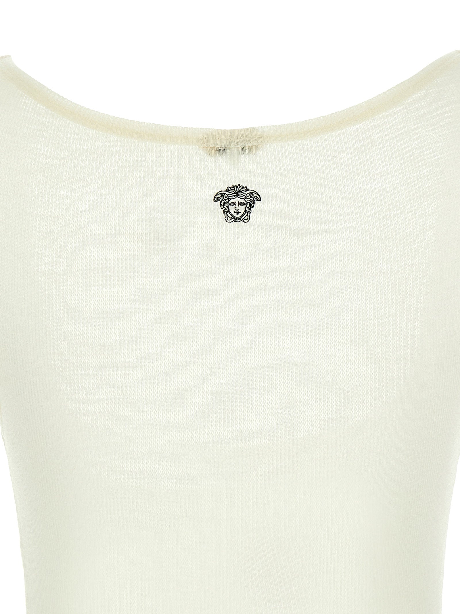 T-shirt sans manches blanc en laine vierge Versace, mode élégante et sophistiquée pour homme ou femme.
