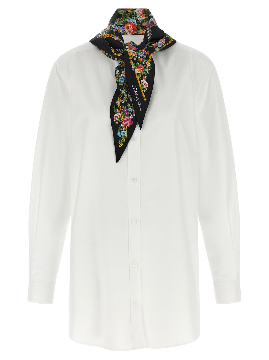 Chemise en coton blanc Dolce & Gabbana, style élégant avec détails raffinés, portée sur mannequin.