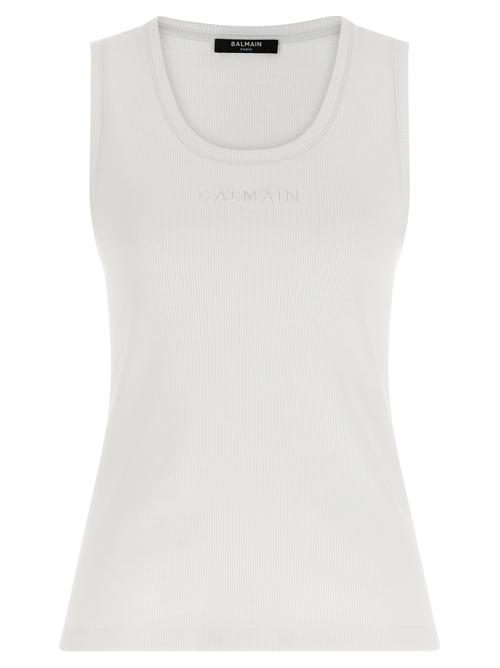 Débardeur blanc en coton de la marque Balmain, coupe ajustée, porté sur mannequin pour un look décontracté et élégant.