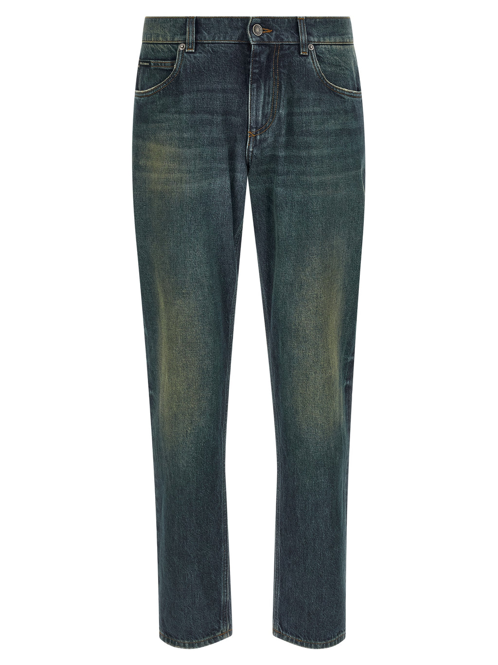 Jeans en coton bleu Dolce & Gabbana à coupe droite, style classique et confortable, visibles sur le mannequin.